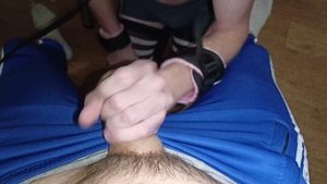 Femboy Cross beneath The Table Served The throbbing dick Of The Owner 's Daddy In Adidas !